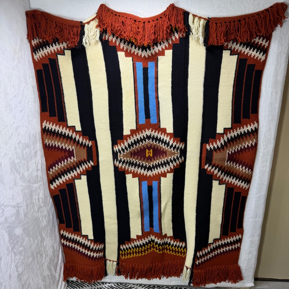 Handmade Knitted Tribal Afghan Blanket Southwestern Geometric  Fringed 49x69